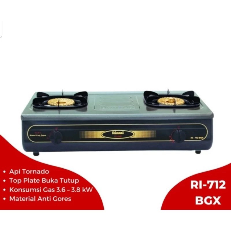RINNAI RI 712 BGX Jumbo Kompor Gas Dua 2 Tungku Api Tornado Stainless Steel RI712BGX 712BGX
