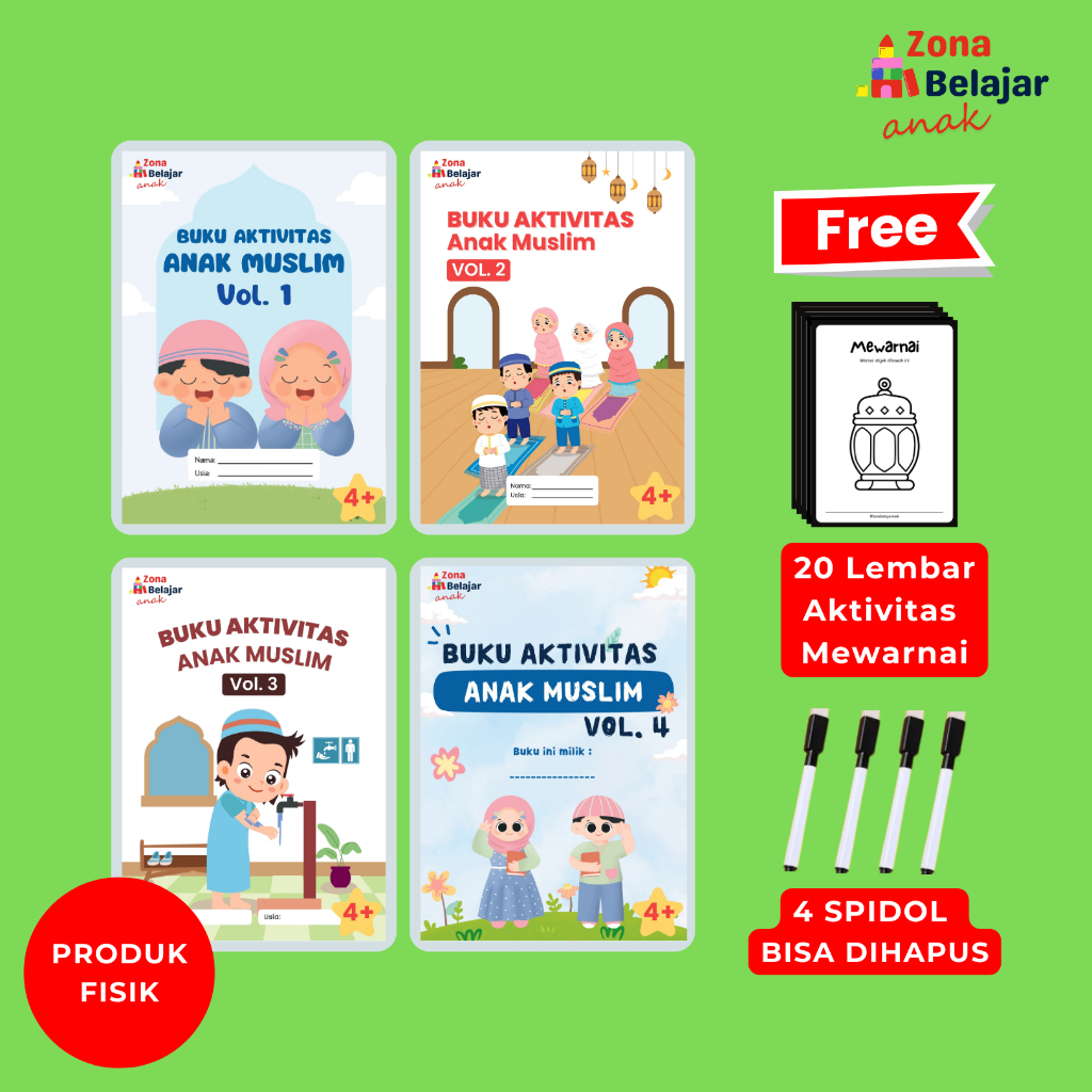 BUKU AKTIVITAS ANAK MUSLIM / WORKSHEET ISLAMI USIA 4 TAHUN KEATAS - WIPE & CLEAN A4 40 HALAMAN FREE 