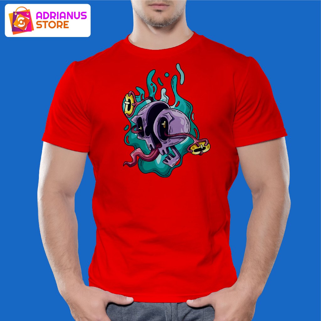 Baju Kaos Pria Wanita Distro Lengan Pendek Merah Motif Tengkorak Api | Adrianus Store