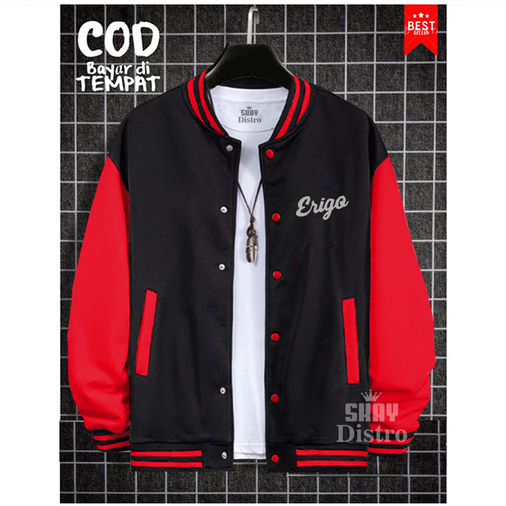 COD Jaket Baseball Kancing Jaket Erigo Text Silver Varsity Baseball Logo Quality Ready Banyak Warna 