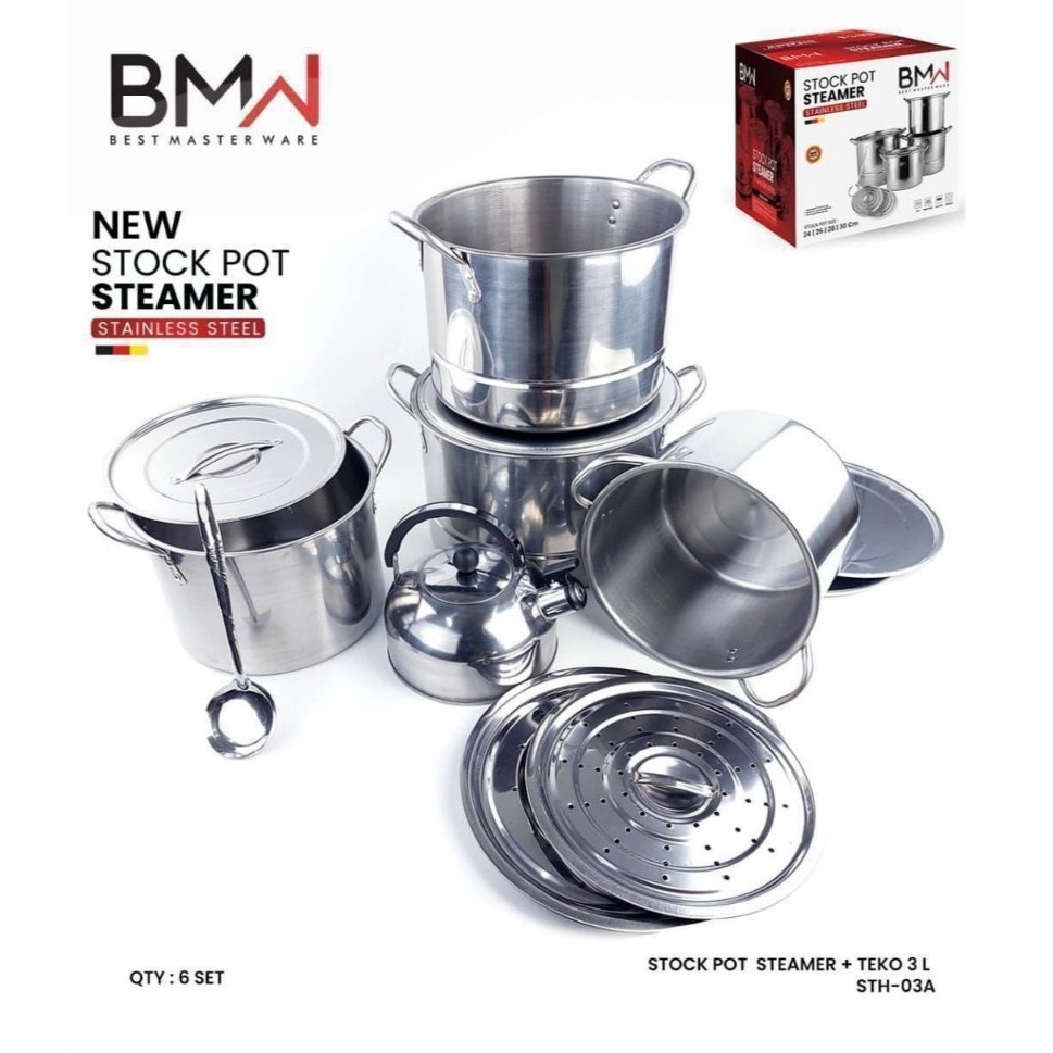 Panci Kukus Dandang 1 Set 4 pcs BMW Stock Pot Steamer Stainless Steel