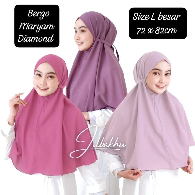 Jilbab bergo Maryam diamond size L warna biru muda hijau Sage mint ungu Lilac lavender hitam navy ma