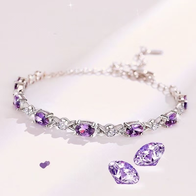 Gelang batu permata ungu wanita baru gelang persahabatan perak 925 sterling gelang persahabatan