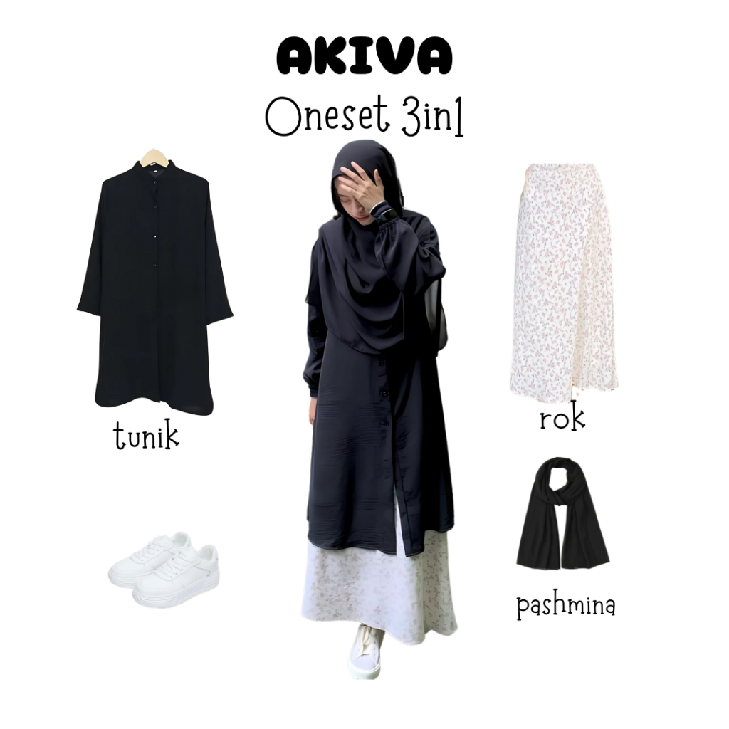 oneset 3in1 tunik hitam rok flower pashmina ceruty | perempuan wanita cewek ootd hijab hangout panta