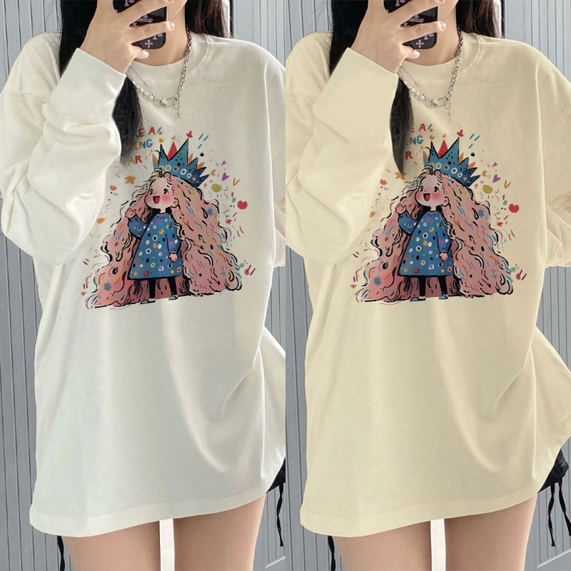 Kaos Oversize Lengan Panjang Wanita Cetakan Cetak Motif putri berambut panjang kartun lucu/Baju Kaos