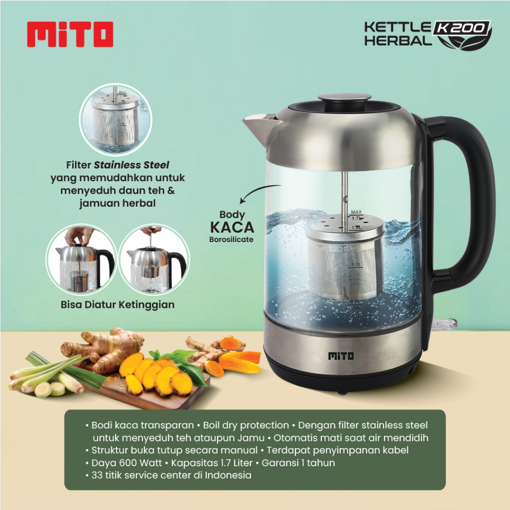 MITO Electric Kettle Herbal K200 1.7L | Teko Listrik Gelas Transparan Pemanas Air Transparent Glass
