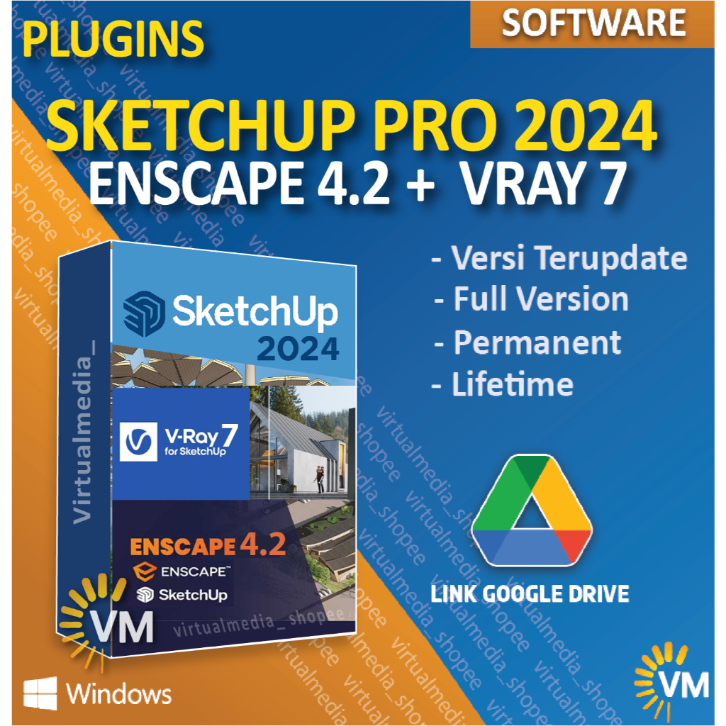 JUAL PAKET SKETCHUP 2024 ENSCAPE 4 VRAY 7 ARCHITEC RENDER V-RAY ARSITEK RUMAH BANGUNAN