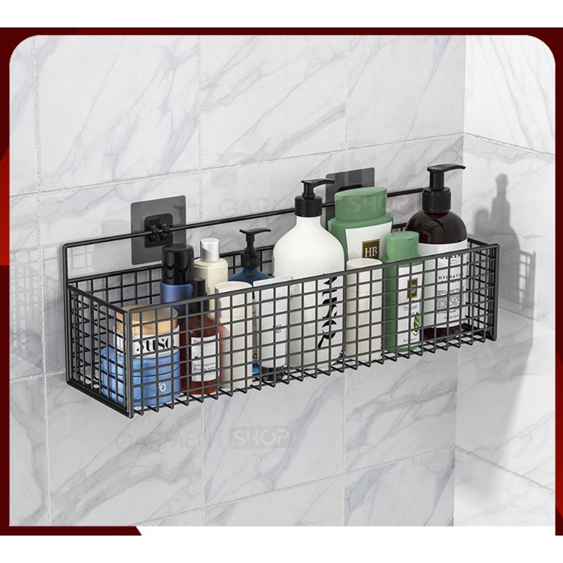 Rak Dinding Kamar Mandi Tempat Sabun Deterjen Jaring Kotak Hitam Keranjang Tempel Tanpa Bor
