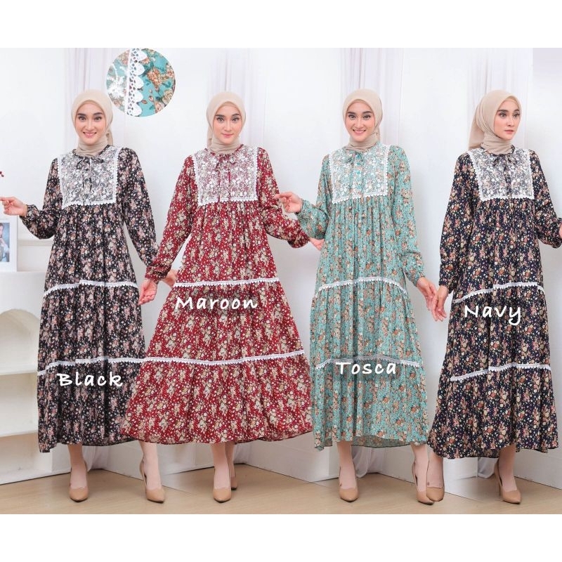 Midi Dress Renda Brukat | Midi Dress Jumbo | Midi Dress Motif Bunga