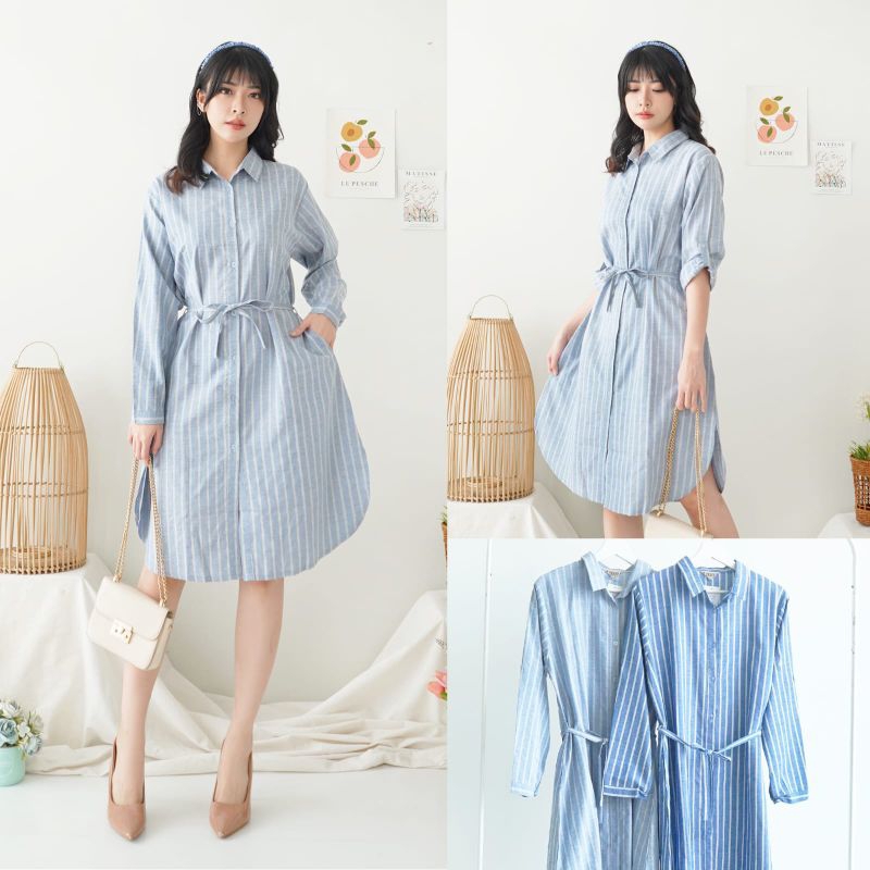 long tunik motif salur denim/tunik wanita motif garis garis