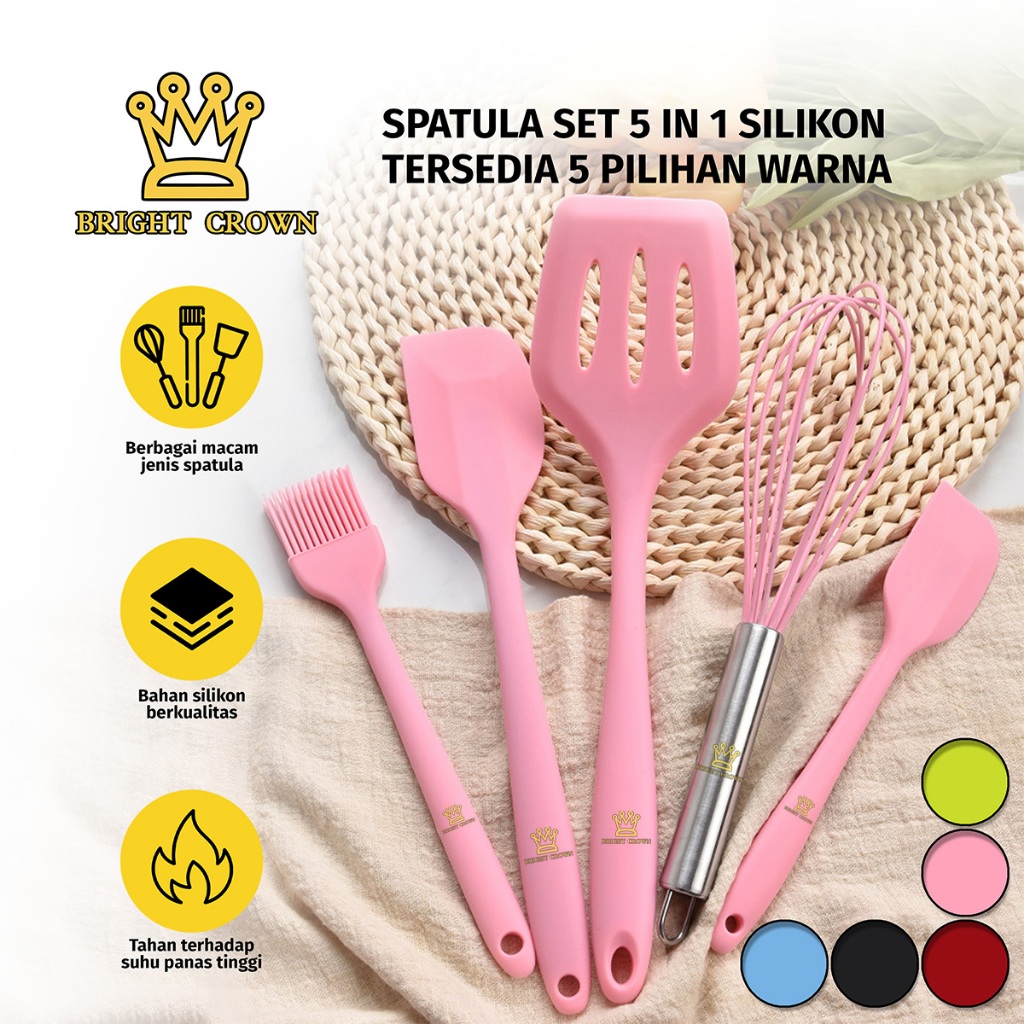BrightCrown Peralatan Masak Dapur Spatula Silikon/Set Sutil Silikon Non Stick Cooking Tools Isi 5Pcs