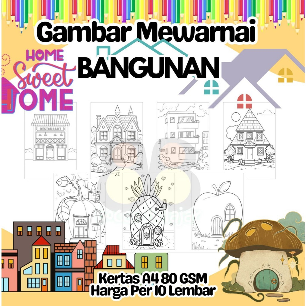 

10 Lembar Kertas A4 Gambar Mewarnai Tema RUMAH BANGUNAN GEDUNG Termurah - Anak Anak TK SD PAUD Remaja