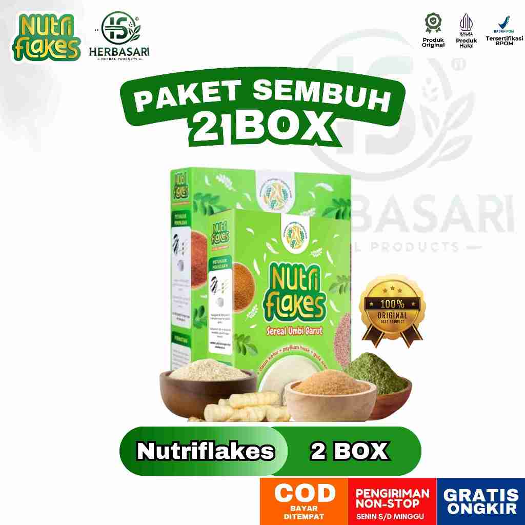 

Nutriflakes Paket 2 Box - Sereal Umbi Garut Ampuh Atasi Asam Lambung, Maag dan Gerd