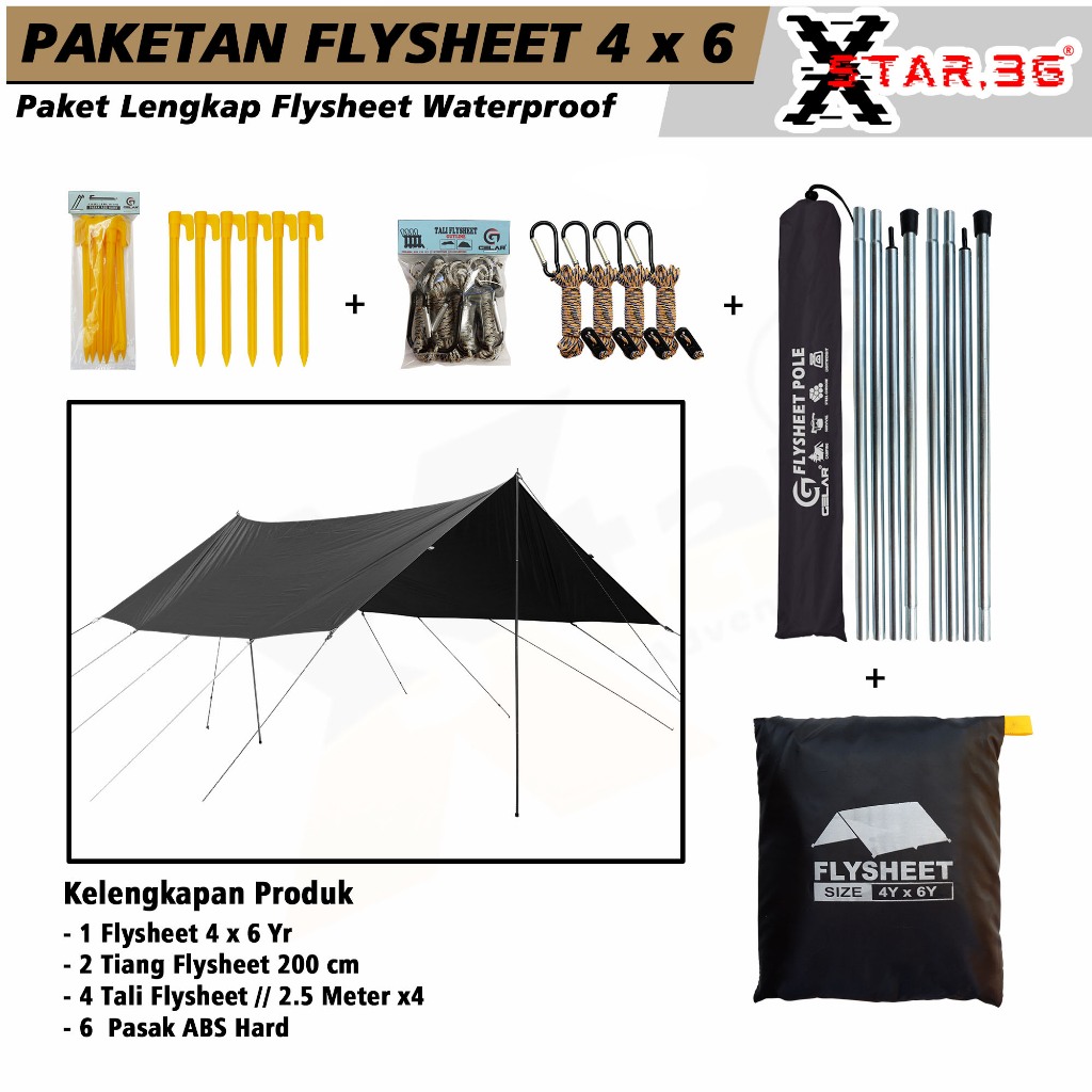 THOM PAKETAN LENGKAP FLYSHEET TENDA CAMP WATERPROOF 4X6 YARD FLYSHEET + TIANG + TALI GUYLINE + PASAK