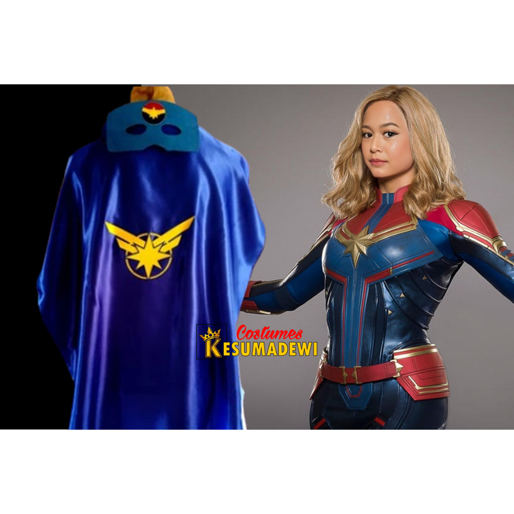 CAPTAIN MARVEL Dewasa | Jubah &Topeng Kostum Superhero Haloween Cosplay Kado Ultah  Pria Wanita Dewa