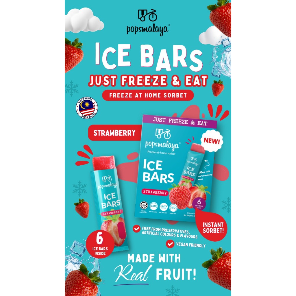 

Pop's Malaya Ice Bars Strawberry isi 6 stick (45ml x 6 Ice Bars) 270ml - Ice Bars Rasa Strawberry