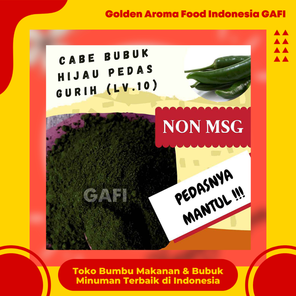 

GAFI Food Cabe Bubuk Hijau Pedas Gurih (Level 10) NON MSG 1 Kg Enak Murah Lezat Halal, Spicy Savory Green Chili Powder NON MSG 1Kg