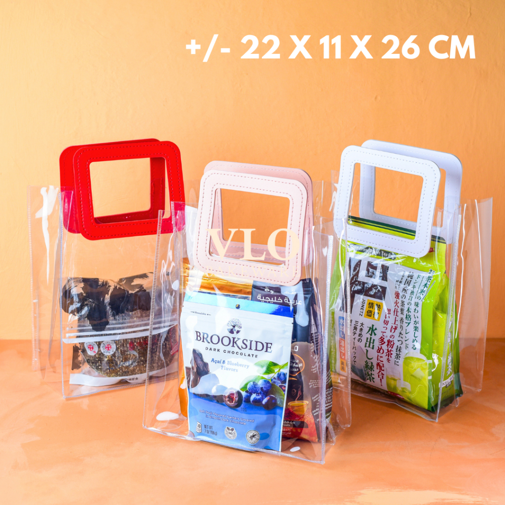 

Tas PVC handle premium transparan tebal premium 22 cm tinggi | tas goodie bag tas hampers ulang tahun lebaran imlek natal