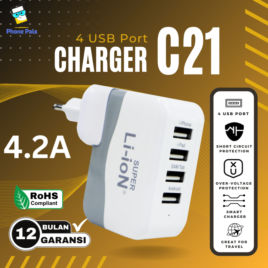 CHARGER 4-USB (21w) SUPER LI-ION C21 + KABEL DATA MICRO/IPHONE