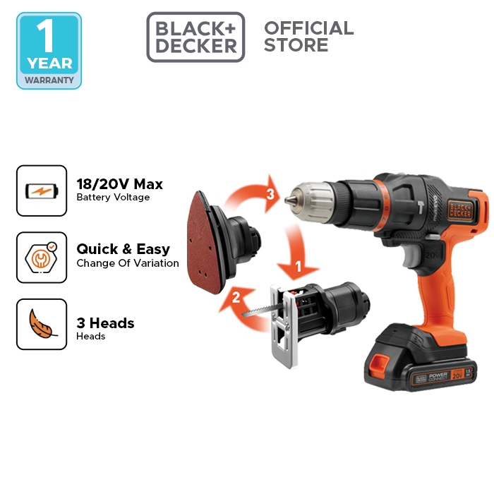 Black+Decker Multi Evo 3 Heads Kit Hammer Drill, Jigsaw & Sander 18Volt EVO185B1-B1
