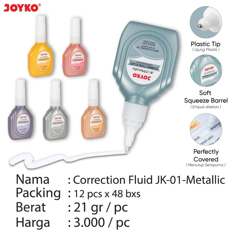 

( 1 pcs ) Joyko Correction Fluid JK-01-Metallic / Joyko Tip x JK-01 Metalik / Tip Ex Botol cair Random / Correction Fluid Joyko JK01