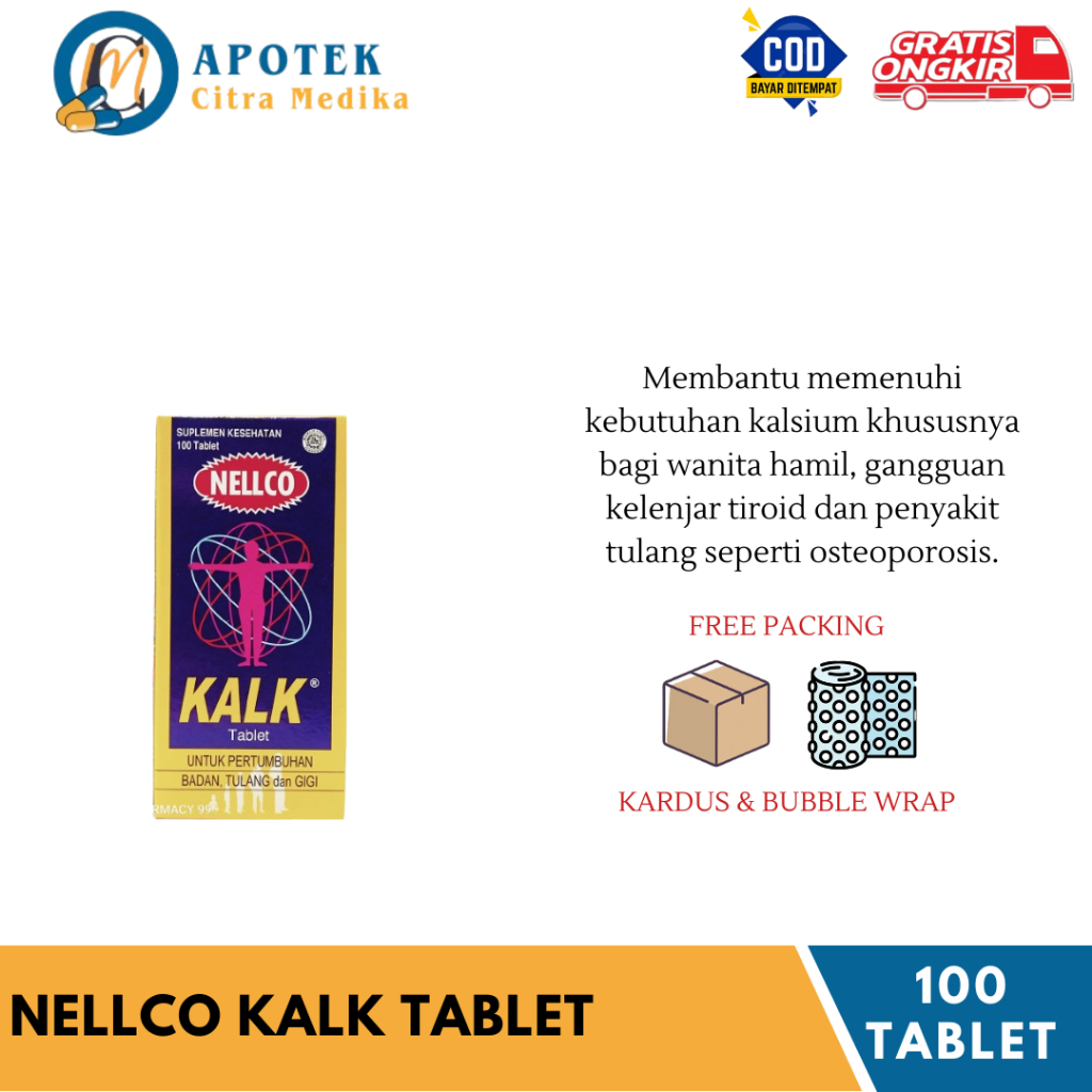 Nellco Kalk 𝐈𝐒𝐈 𝟏𝟎𝟎 𝐓𝐀𝐁𝐋𝐄𝐓 - Suplemen Kalsium Untuk Tulang dan Gigi