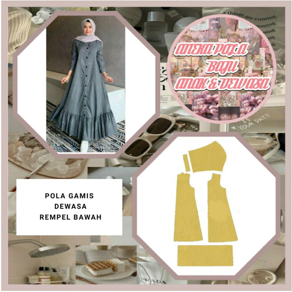 Pola Gamis Dewasa Rempel Bawah | Pola Instan Gamis Rempel Bawah | Pola Jiplak | Pola Jahit |