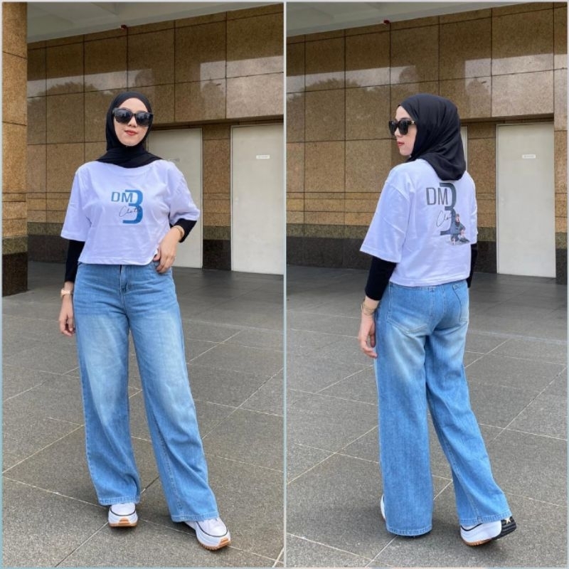 SETELAN KAOS CROP TOP CELANA KULOT JEANS