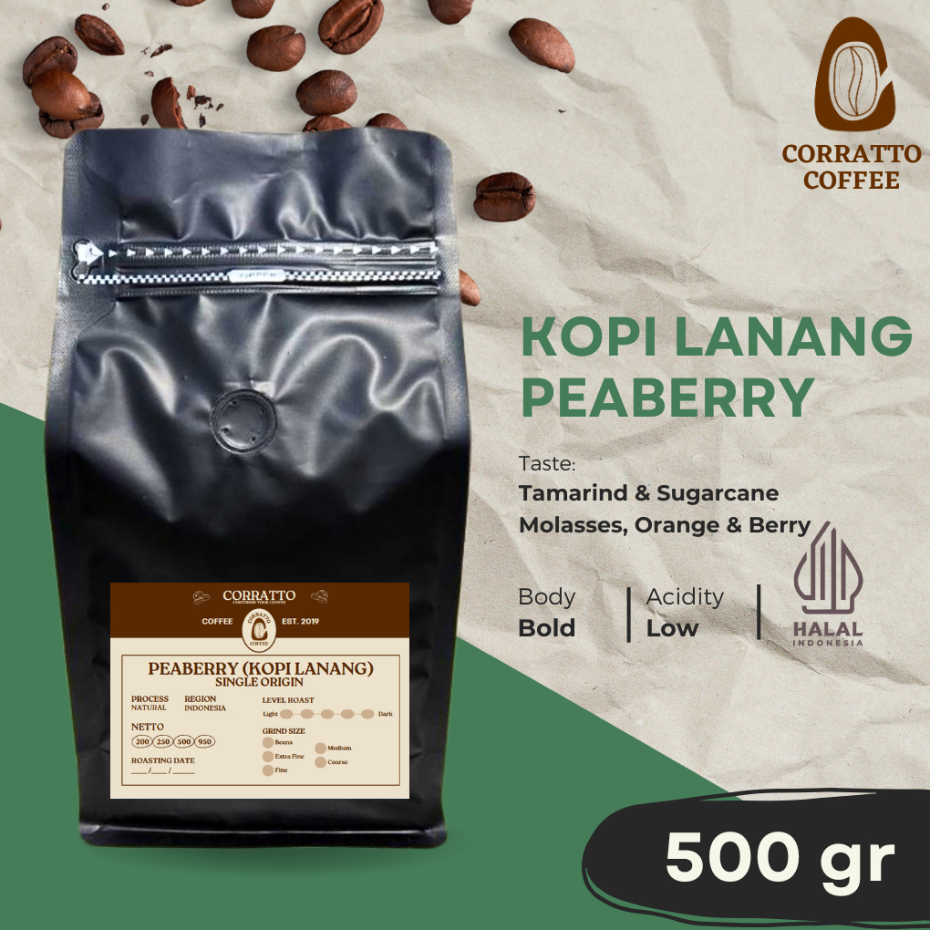 

Kopi Lanang Robusta Peaberry 500 gram Corratto Coffee