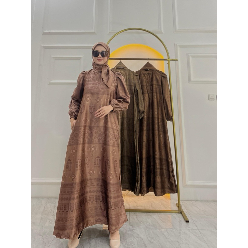 Gamis Armany silk brown digital motif ATAP MAYUNG set hijab