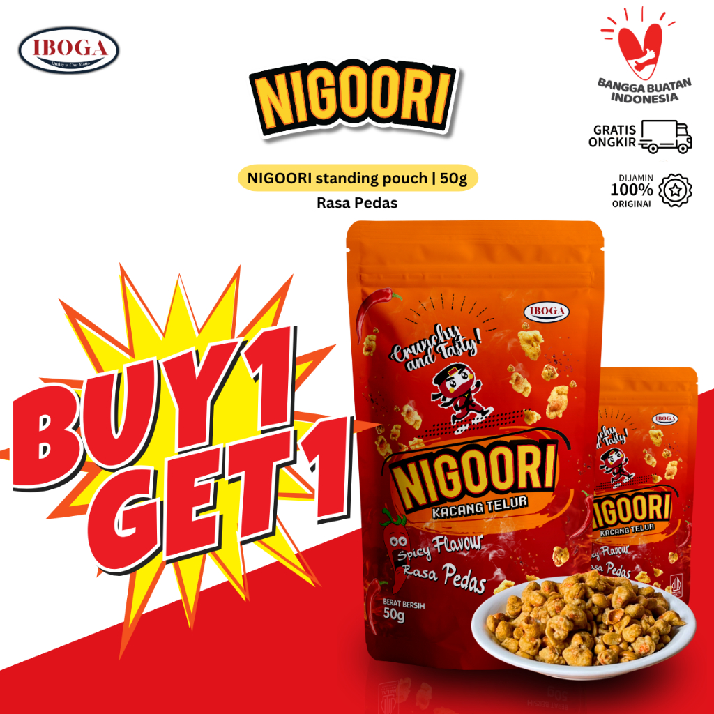 

[BELI 1 GRATIS 1] Snack Camilan kacang Telur Gurih Telor Murah kemasan Standing Pouch 50g NIGOORI Rasa Pedas Gurih