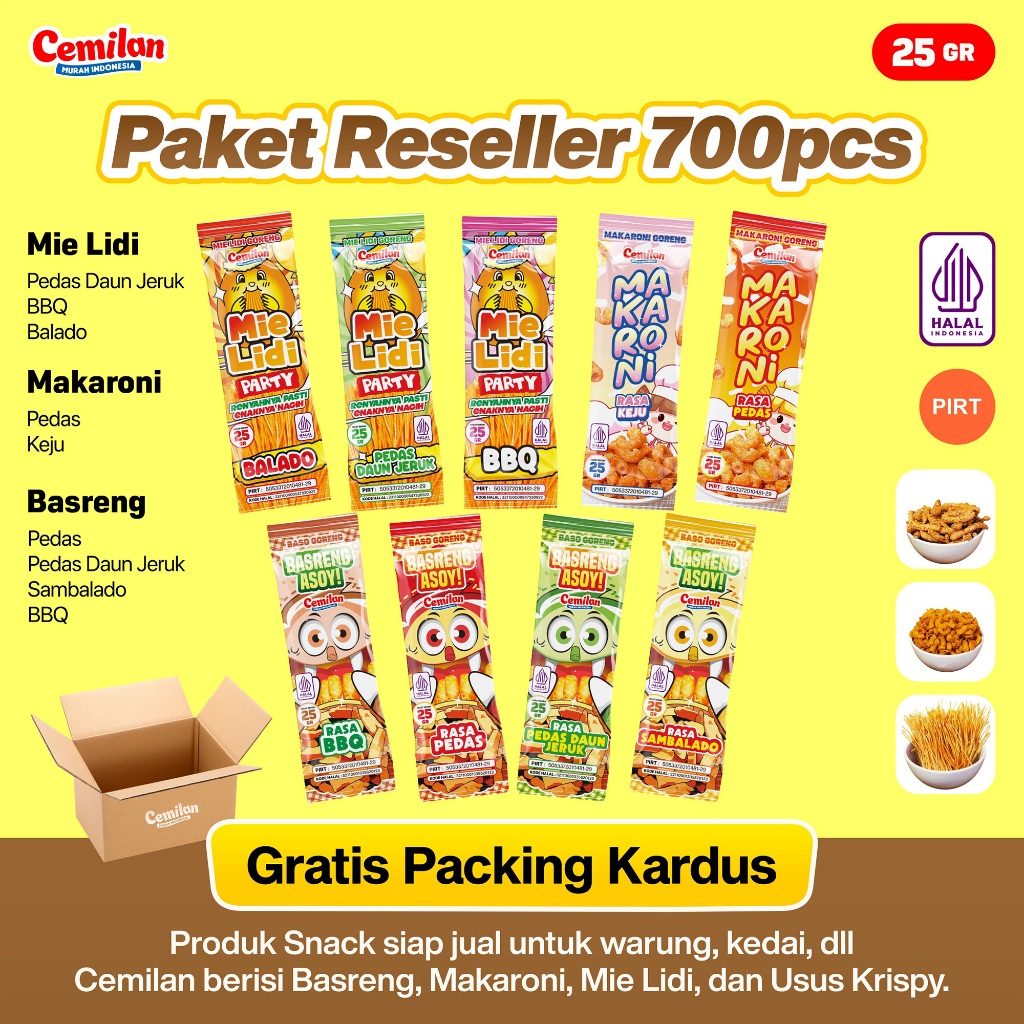 

Paket Usaha 700pcs Reseller Snack Cemilan Murah Indonesia - Makaroni Basreng Mie Lidi - Food Halal Renyah Gurih Asin Goreng Pedas