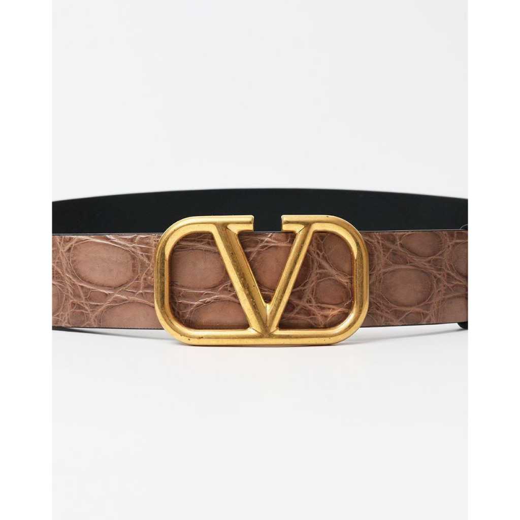 READY STOCK VLTN V-Logo 35mm Belt Reversible Croco Exotic Leather Nude/Black