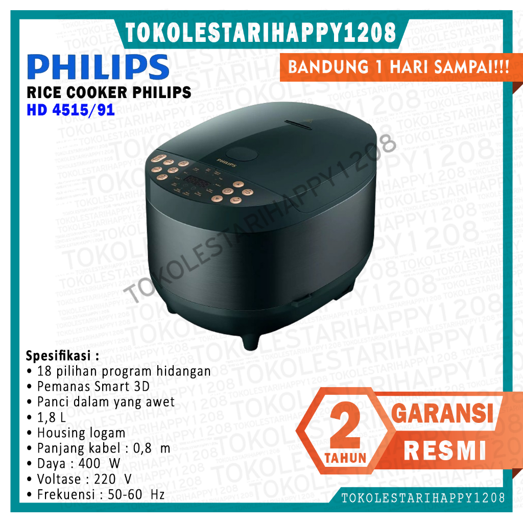 Magic Com / Rice Cooker PHILIPS 1.8L Digital 400 Watt HD 4515/91 Hijau Mejikom Multi Fungsi Garansi 
