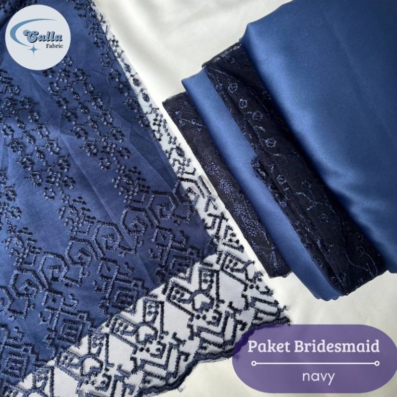 ( GRADE A ) Paket Lengkap Kain Bridesmaid / Kain Satin Velvet Premium + Brukat Tile - Navy