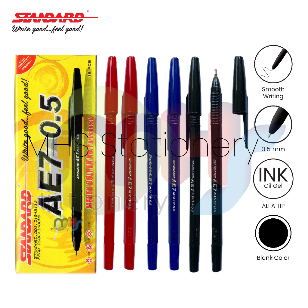 

STANDARD Bolpoin Pulpen Ballpoint Semi Gel Pen Pena AE7 AE-7 0.5 mm 1 Box 12 Pcs