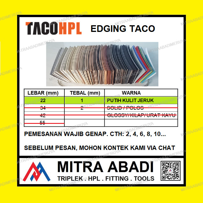 Edging TACO HPL 22/1 mm Putih Kulit Jeruk