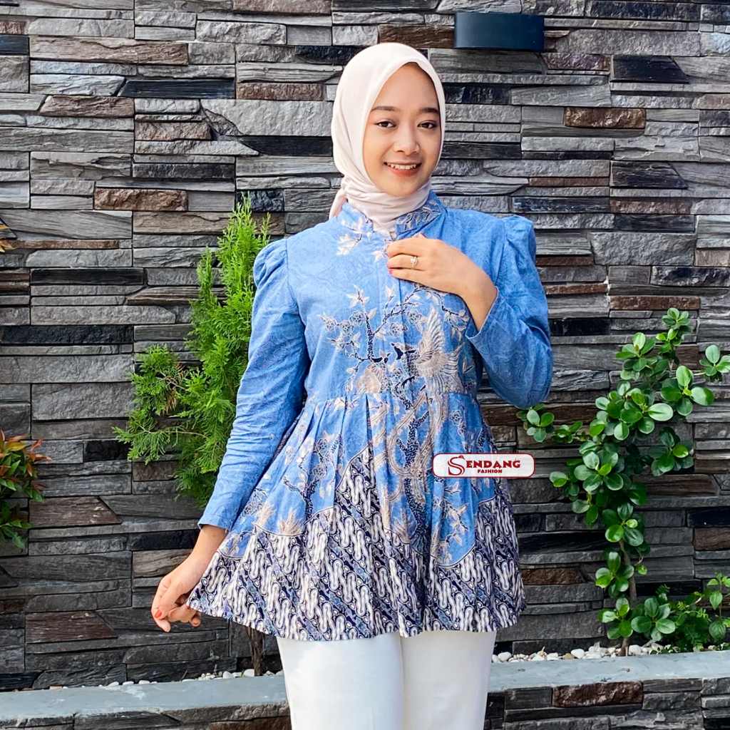 SENDANG FASHION Blouse Batik Wanita Modern Lengan Puff Motif Nirmala Biru Muda Sky Blue Bahan Katun 