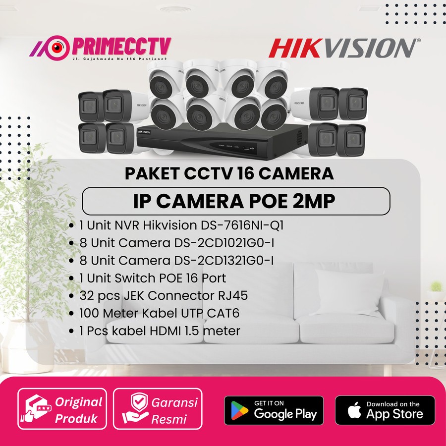 PAKET 16 IP CAMERA HIKVISION 2MP NETWORK IP CAMERA POE