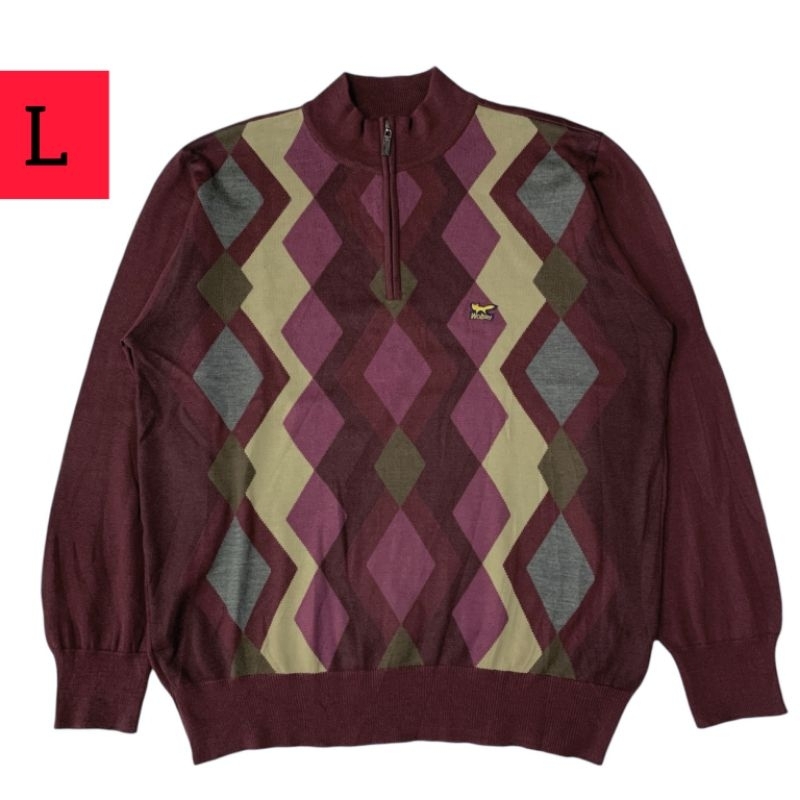 Jaket sweater rajut - wol - knit 1/4 zip Argyle WOLSEY ( size L )
