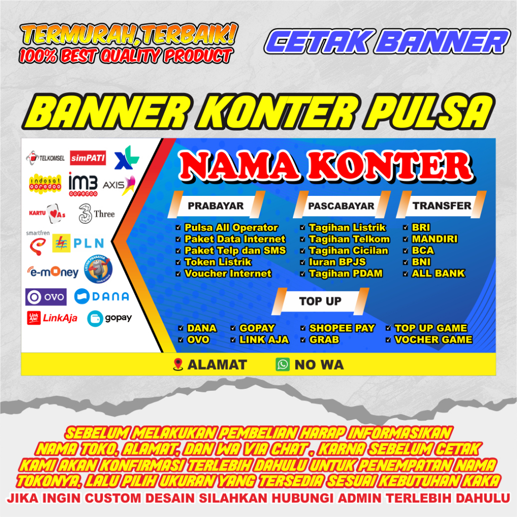 BANNER SPANDUK KONTER PULSA CUSTOM/HIASAN KONTER PULSA/PERLENGKAPAN KONTER PULSA/BANNER UKRN 200X100