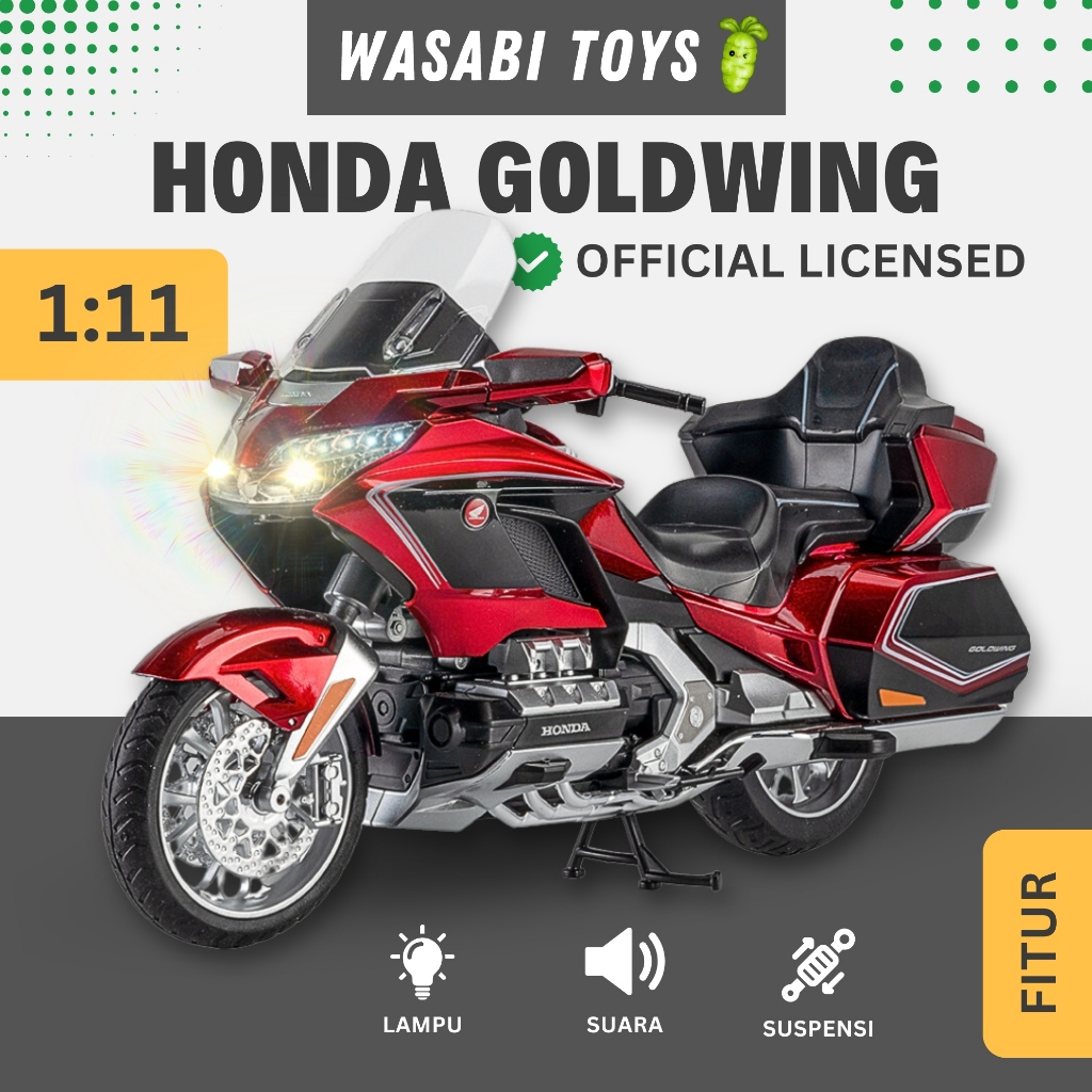 Diecast 1:11 Honda Goldwing Miniatur Motor (Fitur Lampu, Suara, Suspensi, Detail Realistik)