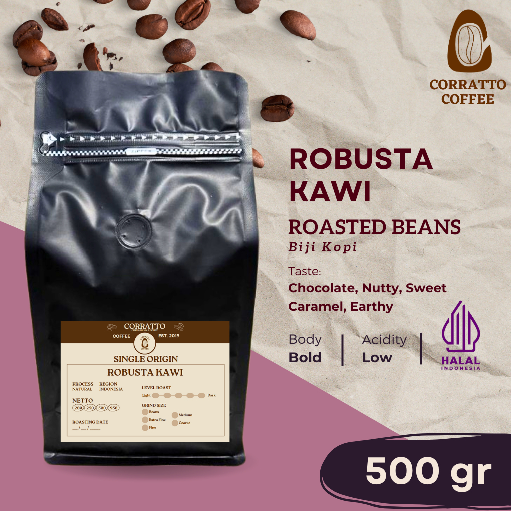 

Biji Kopi Robusta Kawi 500 gram Corratto Coffee