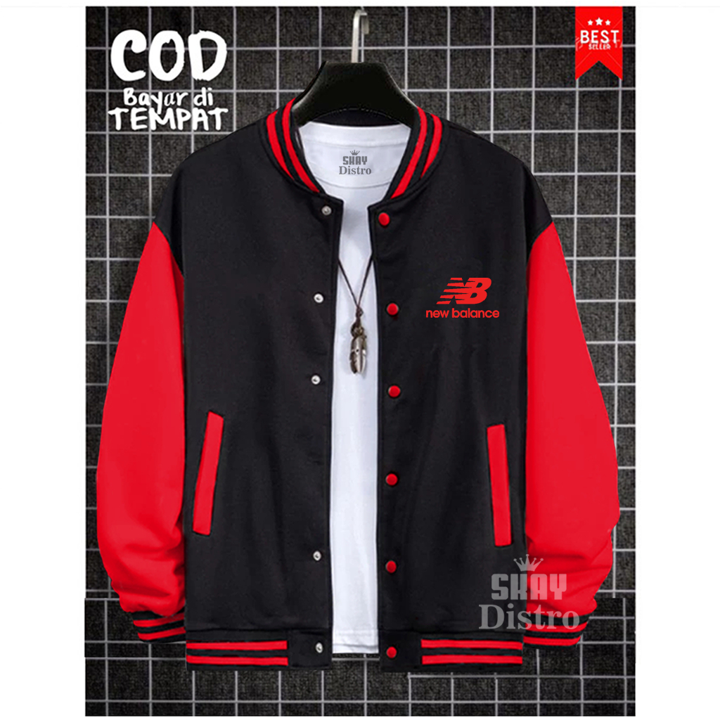 COD Jaket Baseball Kancing Jaket NB Text Merah Varsity Baseball Logo Quality Ready Banyak Warna Jake
