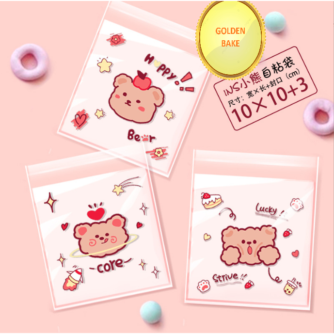

GBake 10x10 cm / 10x10cm BEAR MERAH 100pcs plastik cookies roti plastik opp kue donat perekat seal