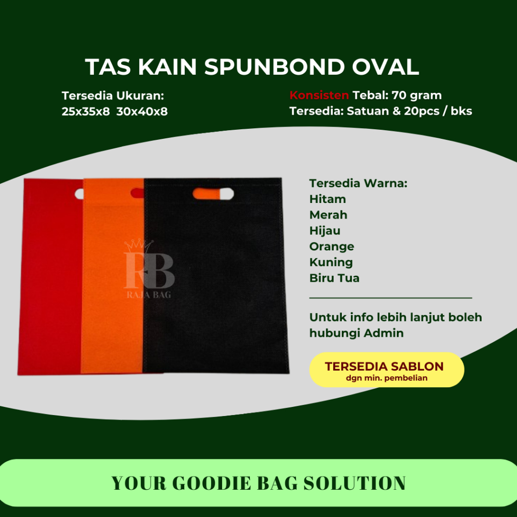 

Goodie Bag Tas Belanja Spunbond Model 20pcs OVAL REAL 70GSM Ukuran 25x35 30x40 Kantong Kain Souvenir