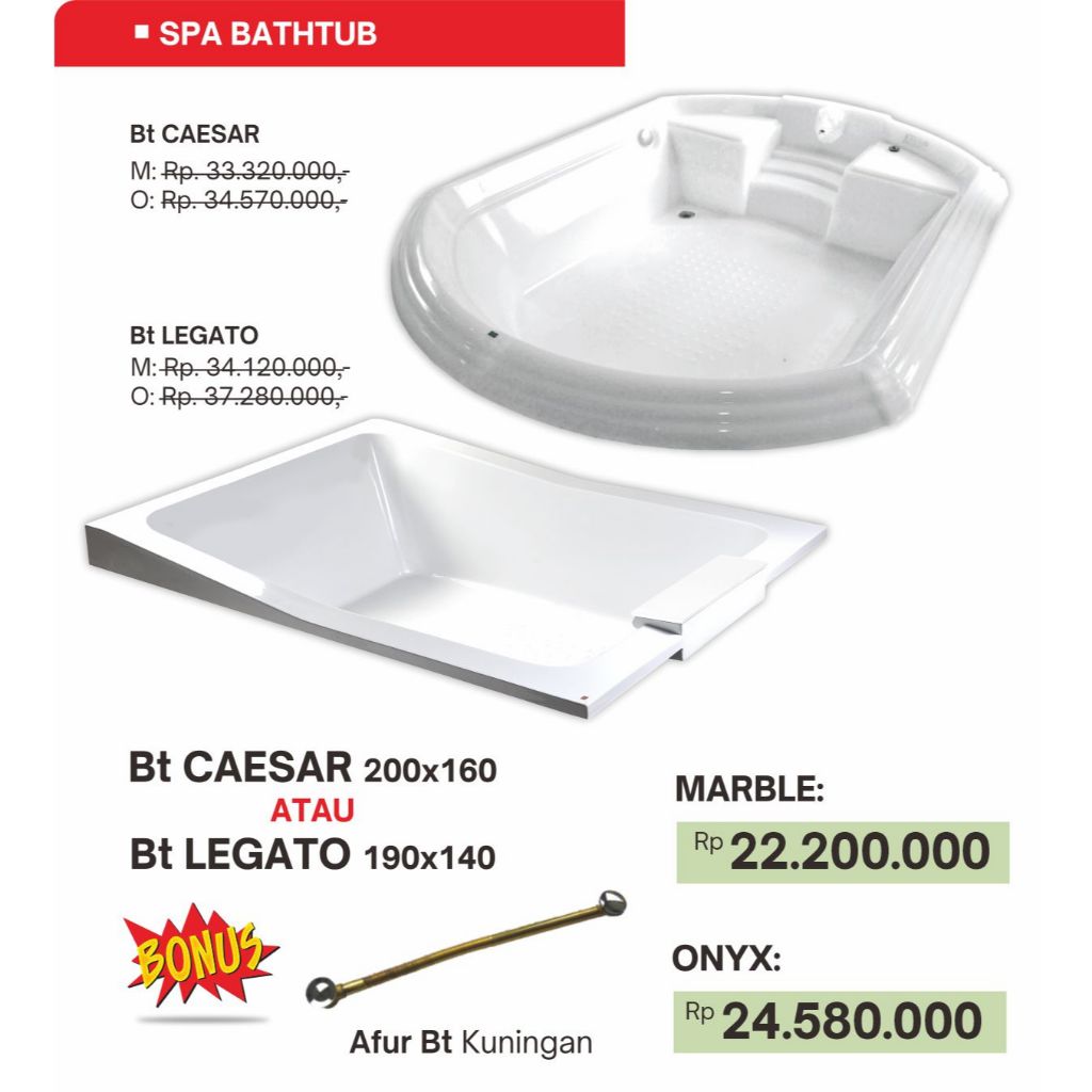 Halmar Paket Bathtub Caesar atau Bathtub Legato Bahan Marble + Afur Bathtub Kuningan