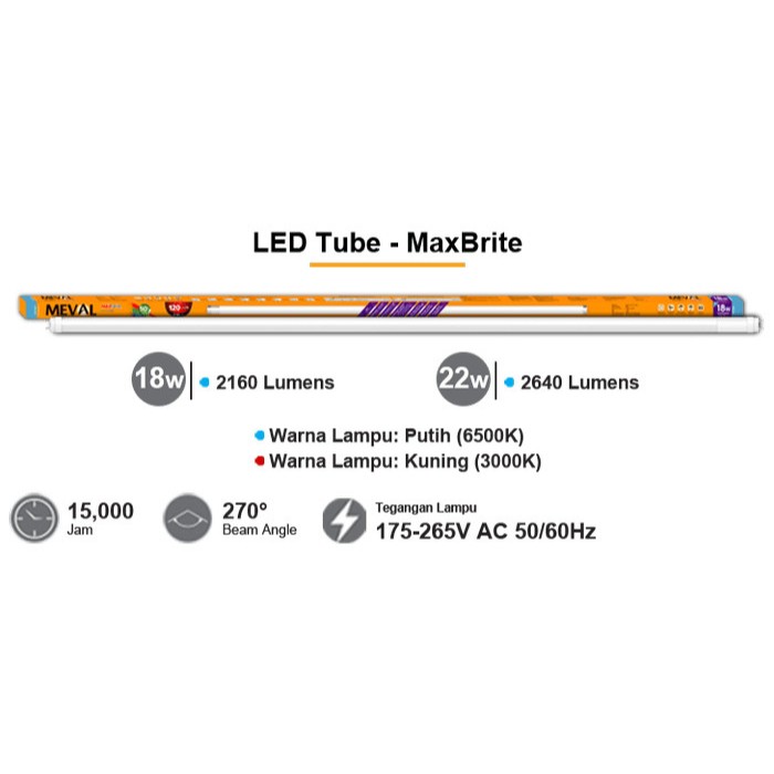 MEVAL T8 18W LED TUBE MAXBRITE DBL KUNING