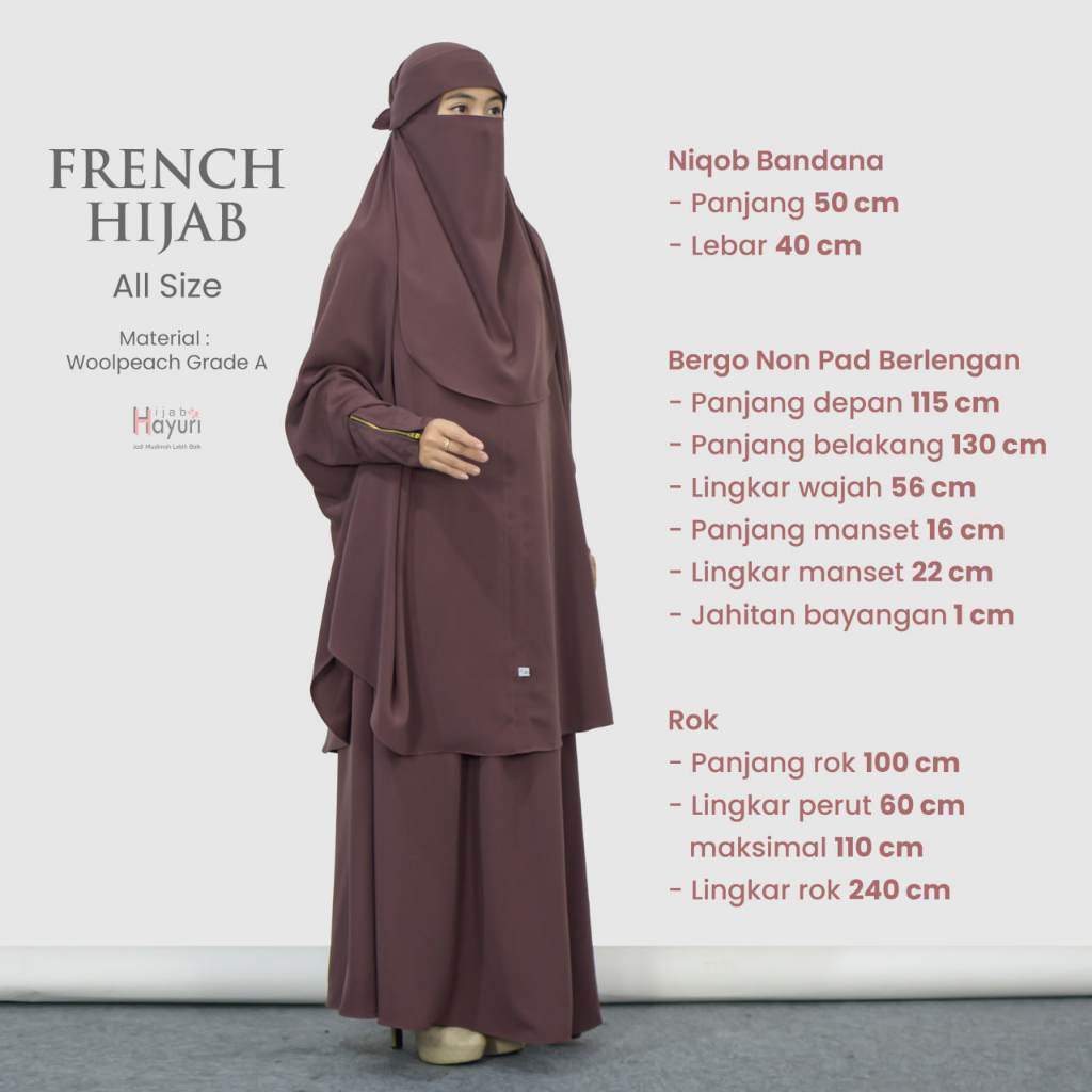 french hijab set bergo lengan, rok,cadar ori original hayuri hijab