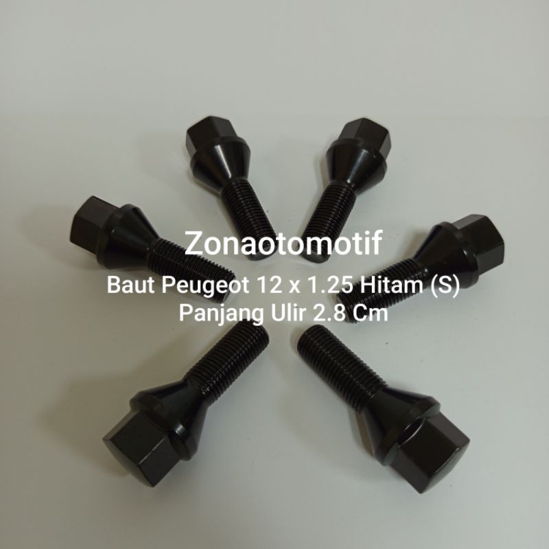 Baut Roda Peugeot 12 x 1.25 Hitam Short Panjang Ulir 2.8 Cm